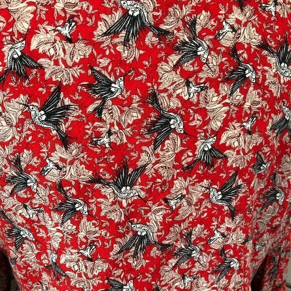 Ivy Jane Red Floral Bird Print Low Cut Long Sleeve Blouse Small - Picture 5 of 6